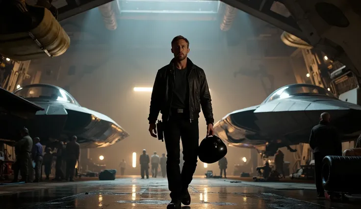 Star Wars, ryan_gosling standing in a starfighter hangar, helmet under arm, gritty lighting.

