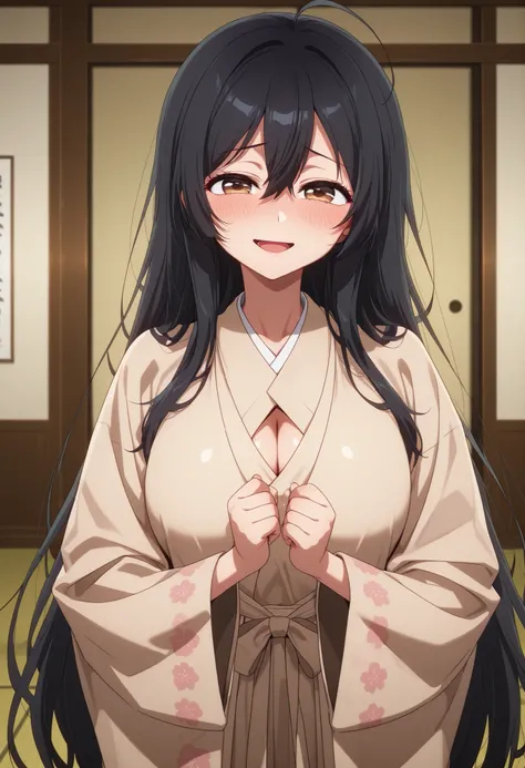 masterpiece, highres, absurdres, amazing quality, best quality, detailed background, 8k, uncensored, anime screencap, anime coloring

1girl, solo, shiny skin, upper body, looking at viewer, smile, shy, open mouth, indoors, 

beige japanese clothes, robe, b...