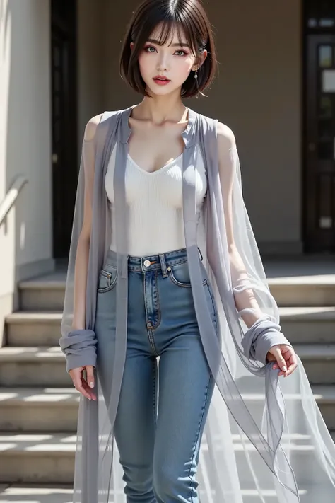 (Full Body),((shirt:Super Long、gray、Sheer Material、Close the front button)), knit :long sleeve、white、Inner, denim pants, skirt:Sheer Material、gray、Wear it over denim pants, In front of the stairs