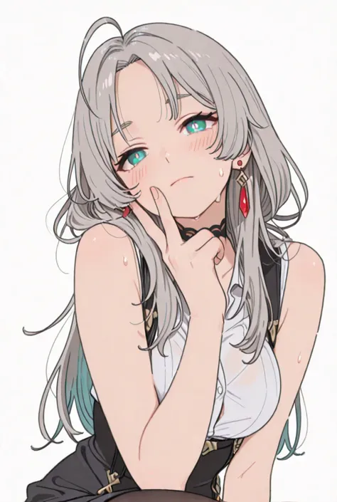 masterpiece, top quality, best quality, official art, beautiful and aesthetic:1.2),(8k, best quality, masterpiece:1.2), (((masterpiece))),(((best quality))),(((extremely detailed))), illustration, who, (masterpiece, top quality, best quality, official art, beautiful and aesthetic:1.2),(8k, best quality, masterpiece:1.2), carlotta (wuthering waves) , carlotta, grey hair,aqua eyes,parted bangs,bright pupils, 1girl, solo, grey hair, long hair, breasts, office lady, bare arm, black skirt, black pantyhose, aqua eyes, looking at viewer, white background, parted bangs, blush, hand v on face, simple background, choker, office shirt, closed mouth, white  sweat, underbust, large breasts, view from upper,  upper body, medium breasts, red earrings,  ahoge, detailed finger, good finger 