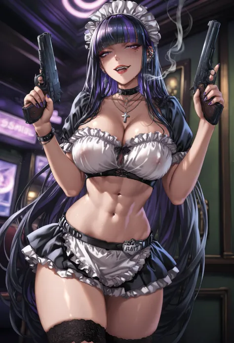 masterpiece,sadakage,kisara (sadakage),long hair,black hair,purple eyes,purple hair,multicolored hair,blunt bangs,colored inner hair,two-tone hair,streaked hair,mole under eye,makeup,purple nails,choker, cross necklace, cross earrings, , red lips, ear pier...
