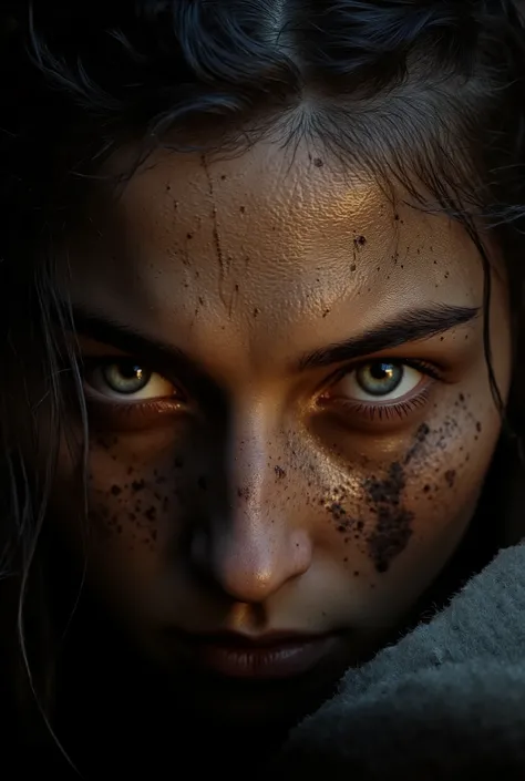 A close-up photo of a striking Scandinavian nomad woman. Her expression, a close-up of a striking female figure, filled with intensity and defiance. detailed pale blue eyes, weathered skin, chapped lips, detailed facial expressions. Tangled hair pulled bac...