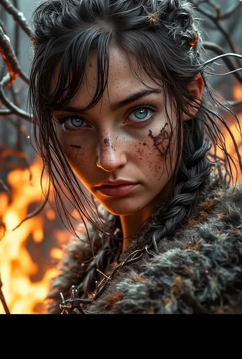 A close-up photo of a striking Scandinavian nomad woman. Her expression, a close-up of a striking female figure, filled with intensity and defiance. detailed pale blue eyes, weathered skin, chapped lips, detailed facial expressions. Tangled hair pulled bac...