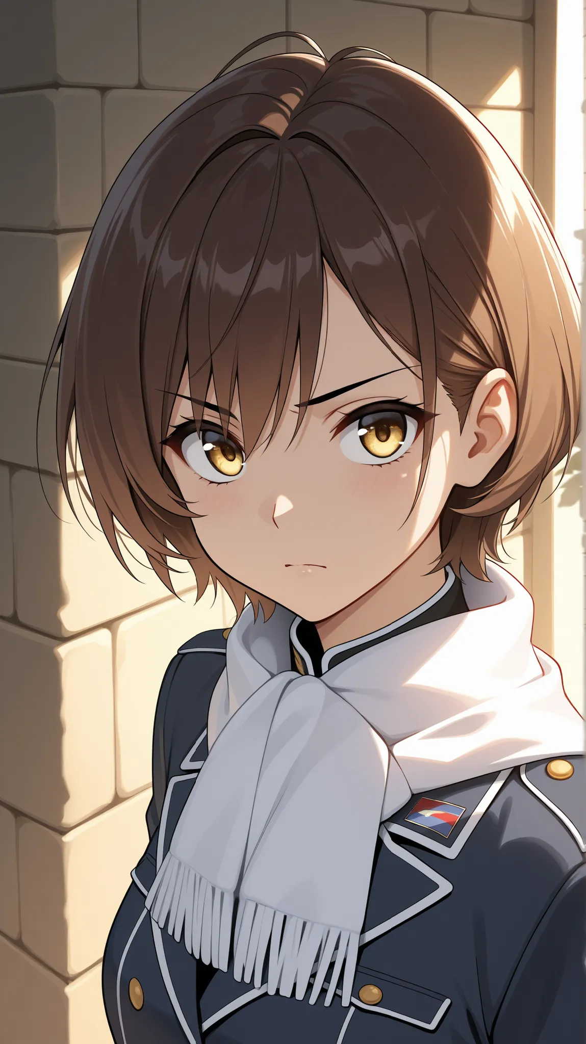 Portrait of a  boy in 18th-century French military school uniform, shown from the chest up. He wears a dark navy jacket with brass buttons and a white scarf around his neck. His expression is serious and determined, with youthful but sharp features, short ...