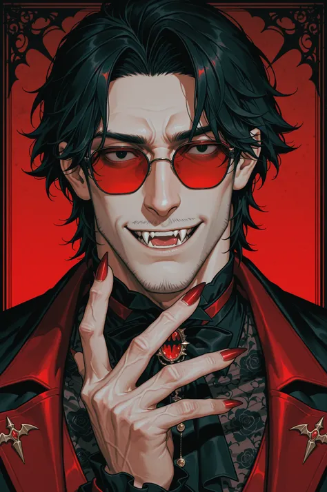 1boy, adult male, digital portrait of a fashionable anime male vampire with black hair, fangs, and goth clothing; his black eyes are hidden behind red sunglasses, his nails are long and clear, his accessories are ornate and detailed, dramatic, stylized w...