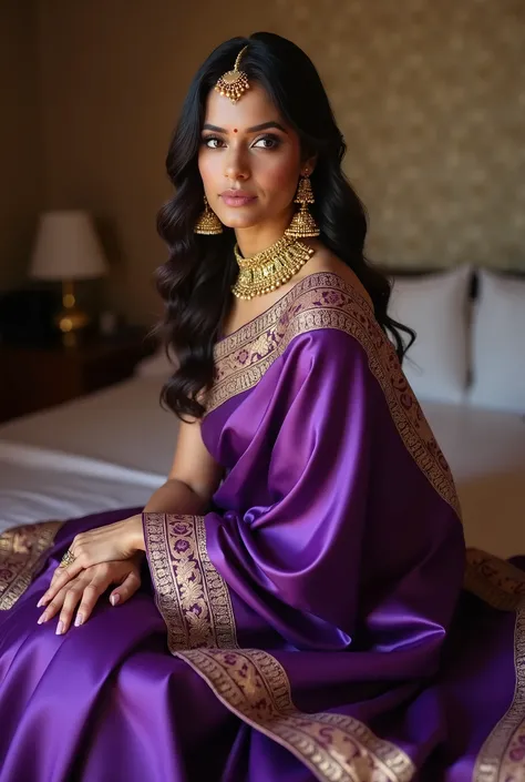 a woman in a purple sari sitting on a bed, draped in purple and gold silk, draped in silky purple and gold, indian, dressed in a sari, draped in purple, gold and purple, wearing a sari, satin, sari, traditional beauty, wearing sari, indian empress, mid sho...