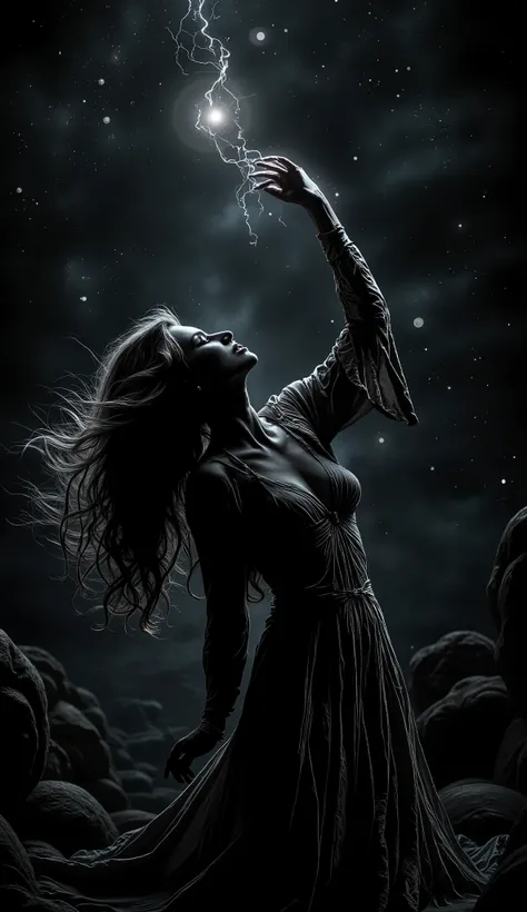 In sharp dark silhouette, woman reaching to the twilight sky, one hand slightly higher than the other, shining stars just barely within her grasp, her hair blowing in the wind, her dress twisting around her, her form is dark against the starlit sky