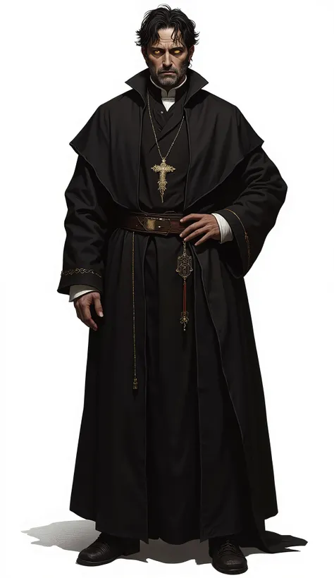 Middle Ages, 19th century, (full length, white background, 4k, 1 man, elegant, 2.5D, Middle-aged man, 50 years old, bristle, a little gray, unkempt black hair, yellow eyes, priest robe, masterpiece)