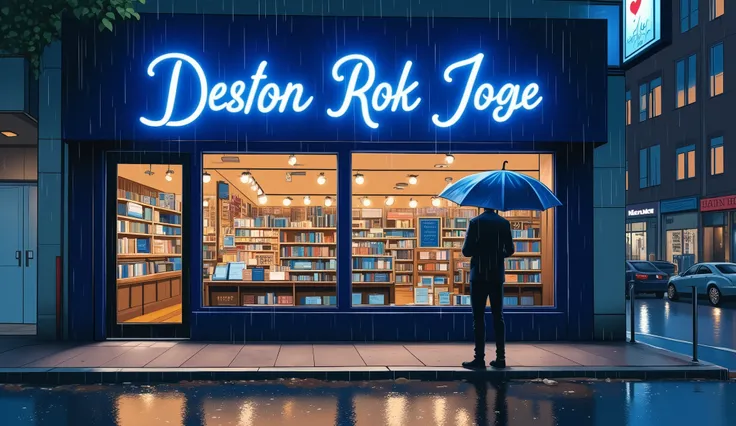 night、downpour、in front of the bookstore in the city、The bookstore sign is in blue letters「rain books」、A man holding an umbrella、Woman sticking an umbrella、the face is hidden by an umbrella、We passed each other