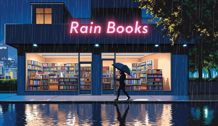 night、downpour、in front of the bookstore in the city、The bookstore sign is「rain books」、A man holding an umbrella、Woman sticking an umbrella、the face is hidden by an umbrella、We passed each other