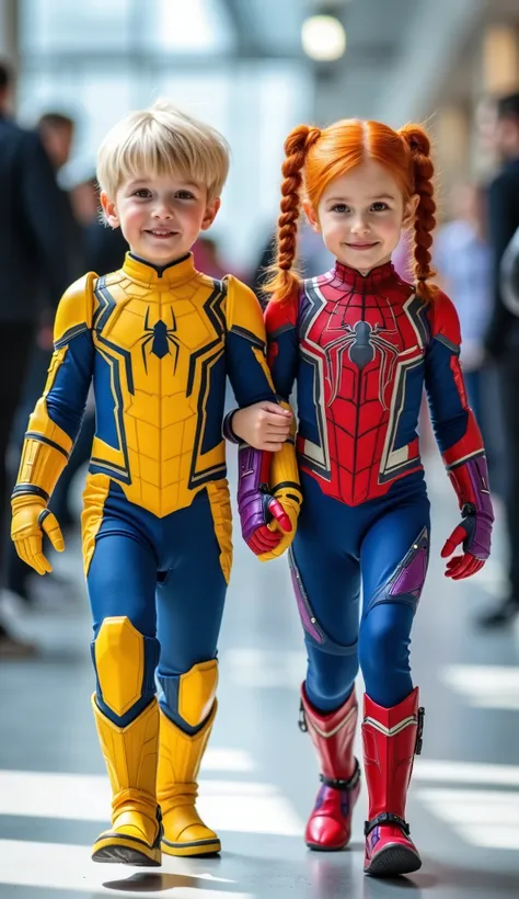 character: 1 baby boy blonde hair wearing futuristic Bright yellow Spiderman body suit with blue armor futuristic red accents , and 1 baby girl Orange hair in two braids Wearing futuristic purple Spiderman body suit with yellow armor futuristic white acce...