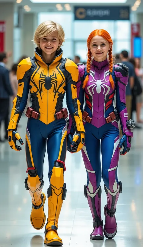character: 1 boy blonde hair wearing futuristic Bright yellow Spiderman body suit with blue armor futuristic red accents , and 1 girl Orange hair in two braids Wearing futuristic purple Spiderman body suit with yellow armor futuristic white accents. Europ...