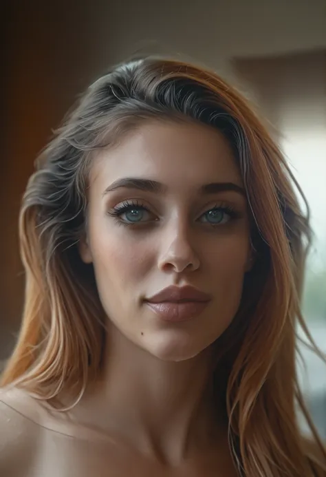 A highly detailed and realistic portrait of a woman's face with a natural and serene expression. The image should focus on lifelike skin texture, sharp and well-defined facial features, expressive eyes, and natural lighting. Include subtle shadows and soft...