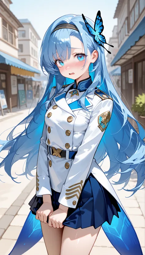 best quality, masterpiece, amazing quality, very aesthetic, high resolution, ultra-detailed, absurdres, 1girl, mature_female, solo, blue_eyes, blue_hair, asymmetrical_bangs, short, white_coat, coattails, double-breasted, long_sleeves, blue_skirt, pleated_s...