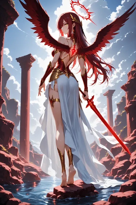 1 woman , golden eyes , very long hair , long sidelocks, red hair ,half updo, petite , very cute , beautiful ,Straight hair, cool, handsome, hair ween eyes, medium breast, cool, beautiful,  fierce beautiful red angel wings, long flowing red hair,  powerful...