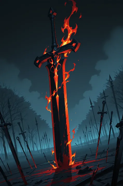 masterpiece, high resolution, 8k wallpaper, ultra-detailed illustration, delicately detailed background, magnificent details, exquisite details, dynamic angle, dutch angle,
a magnificent sword stuck in the ground, blood stains, flames, broken arrows,
dark...