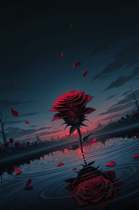 masterpiece, high resolution, 8k wallpaper, highly detailed illustration, magnificent details, cinematic angle, dutch angle, exquisite details,
dark rose, wilted rose, lost souls rising out of the rose, darkness, falling petals, water ripples,