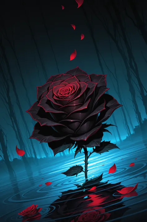 masterpiece, high resolution, 8k wallpaper, highly detailed illustration, magnificent details, cinematic angle, dutch angle, exquisite details,
dark rose, wilted rose, lost souls rising out of the rose, darkness, falling petals, water ripples,