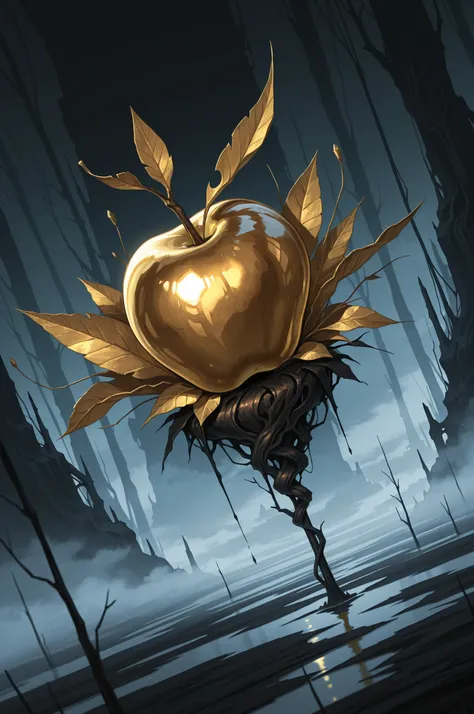 masterpiece, highres, highly detailed illustration, magnificent details, dynamic angle, dutch angle, exquisite details,
one golden apple, hollow apple, shiny, wilted leaf,
poetic, melancholic setting, dark environment, fog, mist,