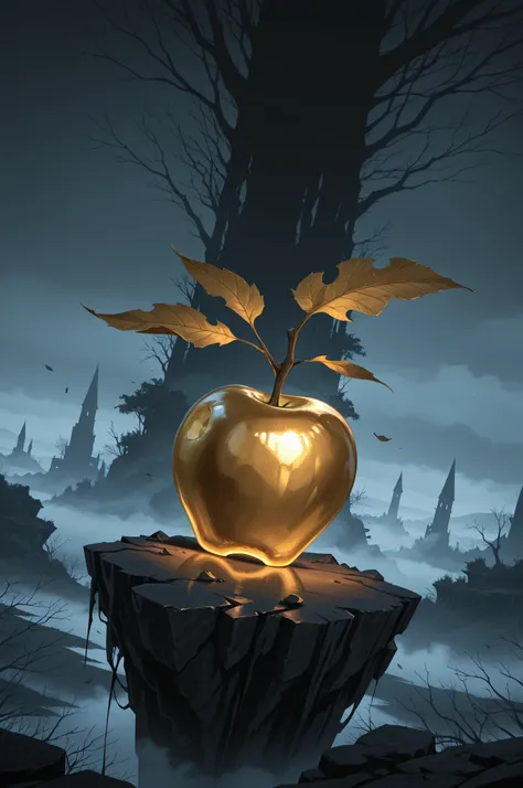 masterpiece, highres, highly detailed illustration, magnificent details, dynamic angle, dutch angle, exquisite details,
one golden apple, hollow apple, shiny, wilted leaf,
poetic, melancholic setting, dark environment, fog, mist,