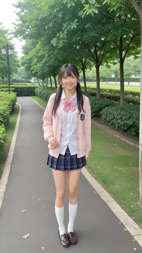 A cute Japanese high school girl posing in a sunny park with a cheerful and stylish look. She is wearing a soft pink cardigan over a white blouse, complemented by a large pink ribbon tied at the collar. Her pleated skirt features a navy and white plaid pat...