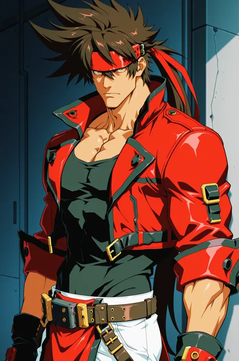 (anime_coloring, anime screen_cap), masterpiece, best quality, absurdres, newest, very aesthetic, amazing quality,highres, 1boy, male, Sol Badguy, brown hair, gold eyes, black vest, red jacket, belt, headband,ultra-detailed, intricate details