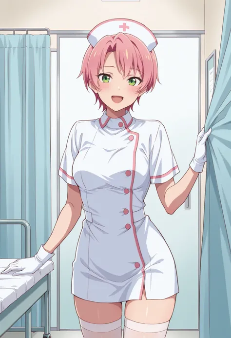 Score_9, score_8_up, score_7_up, source_anime, mei hamano, solo, short hair, pink hair, green eyes, medium breasts, (best quality), (high quality), {masterpiece}, extremely delicate and beautiful, ultra-detailed, beautiful detailed eyes, nurse, nurse hat, ...
