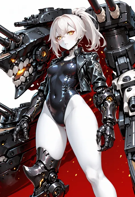 Mechanical weapon girl. Abyssal Fleet. White hair. Ponytail. White skin. Yellow eyes. Black leather jacket. Black swimsuit. Black hands. Asymmetrical arms. Armored arms. Sharp claws. Lower body fused with ship. Battleship elements. Turret. Mechanical jaw.
