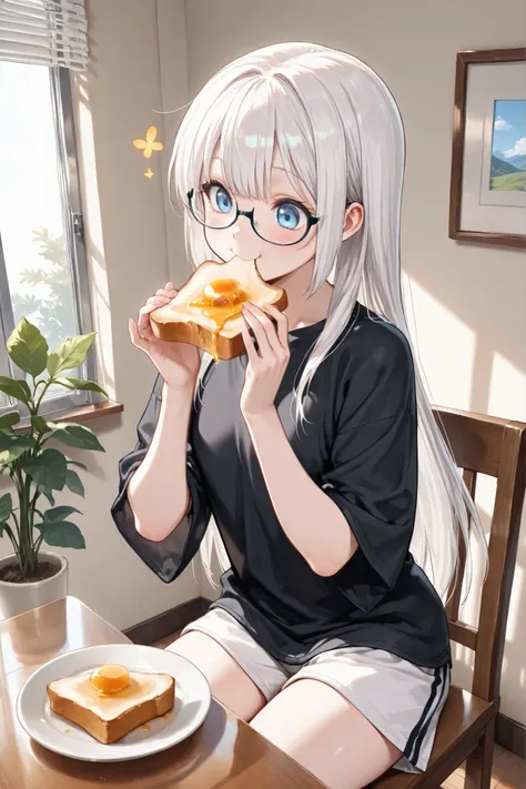 ((Masterpiece)),((best quality)),((incredibly absurdres)),((8K)),(semi realistic),
1 girl,solo,young female,aged up,kawaii,white hair,long hair,straight hair,blue eyes,small breasts,
((black eyewear)),short-sleeved shirt , black shirt , Plain shirt ,wide s...