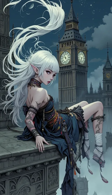 (A fusion of Ukiyo-e and dark fantasy. Aesthetic and gothic digital art. Illustrations are drawn from the perspective of looking up diagonally from the ground.) BREAK
(White hair. Blunt bangs. White eyebrows. Long white eyelashes. Almond-shaped eyes. Lave...