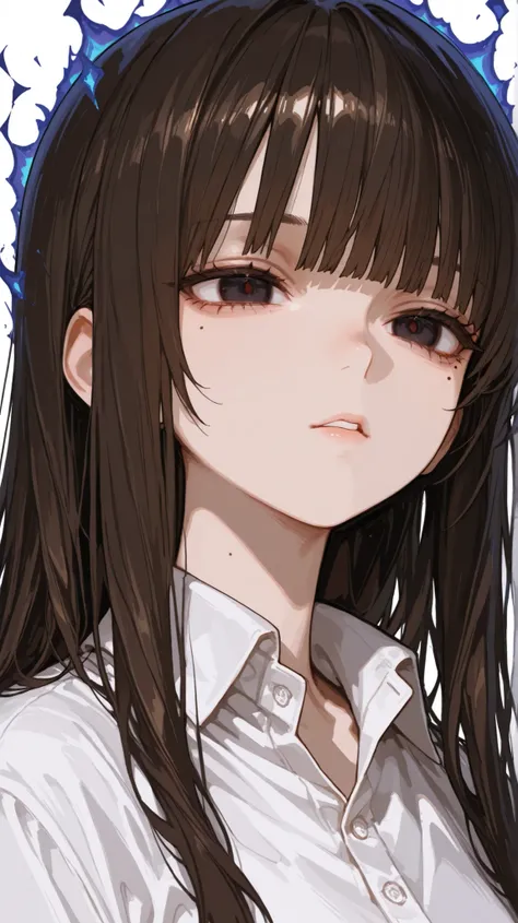 Fraction_9, Fraction_8_Up, Fraction_7_Up, Tomorrow Knight , 1 girl, brunette, straight bangs, long hair, Broken Aura , dark eyes , Mole under the eye, white shirt, collared shirt, looks at the audience, Loose, Small lips, upper body portrait, white backg...