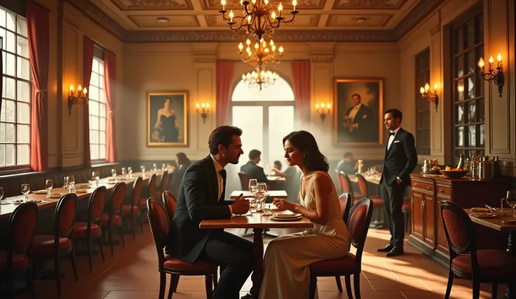35 mm film, couple in honeymoon vacation, A highly detailed, photorealistic restaurant interior in the Italian style of the 1970s, elegant decor, warm lighting, wooden furniture, large windows, classic chandeliers, tiled floors, plush seating, marble table...