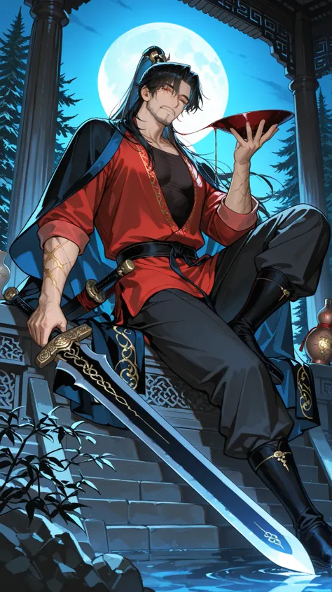 Traditional Chinese Xianxia style，Mature man，Depicts a man in black martial arts clothes、Comb a high ponytail、Handsome middle-aged swordsman with a golden scar under his left eye，He is drinking with a porcelain wine gourd in the other，He is holding a huge ...