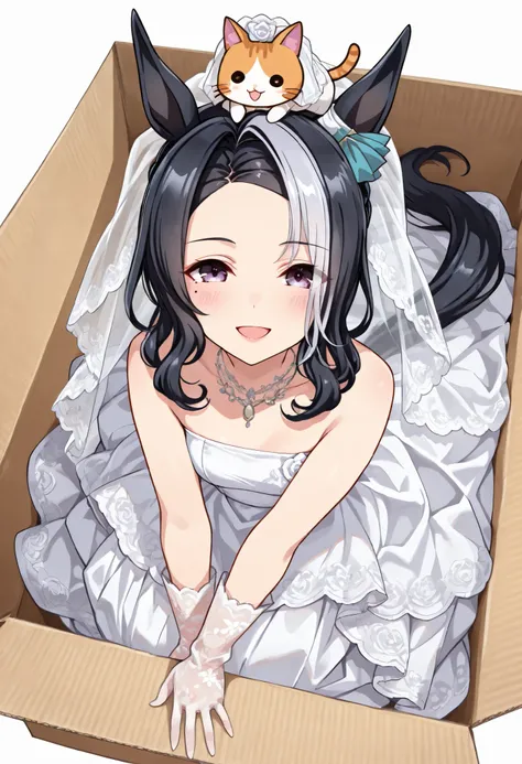 (((chibi))), (masterpiece, best quality, perfect face:1.4), wide angle, full body, mejiro ramonu \(umamusume\), black hair, white hair, multicolored hair, ((long hair)), wavy hair, purple eyes, mole under eye, ear ornament, horse ears, horse tail, tail on ...