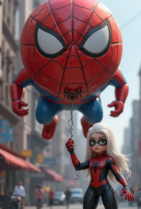 A huge Spiderman balloon with arms and legs and with a very big belly full of air and floating in the air and a beautiful age girl with long white hair with beautiful green eyes wearing a Marvel Blackcat costume and black mask for Marvel Blackcat eyes holding it with a string of cobwebs with animated 3d style 