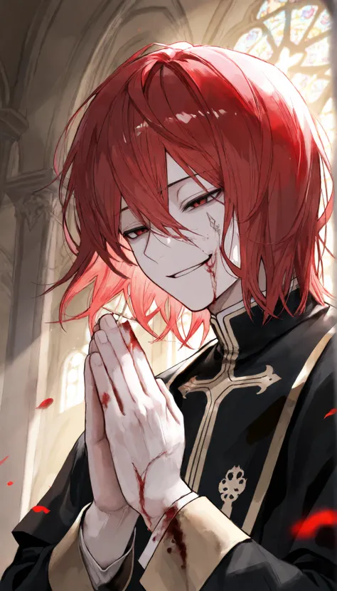  Alone, 20살의   handsome 남자, male,   handsome,   attractive  , male 목사, church,  prayers ,   Bad smile, masterpiece, is the best quality, detailed eyes,  half-closed eyes, man {x}, tail, 
  boy with red hair, 20대의  handsome 남자, Alone, 