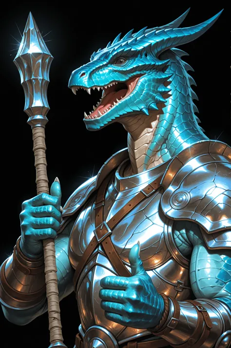 1man, solo, hyperrealistic, illustration, anthro, dragonborn, reptile, ancient, guard, blue skin, made of stone, ritualistic, prehistoric, indian, impressed, black eyes, happy, surprised, open mouth, upper body, portrait, raised hand, thumbs up, proud po...
