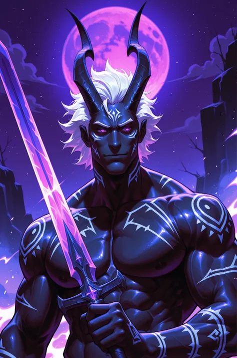 1boy,solo,flora_humanoid, male, black skin, short hair, neatly combed hair, white hair, purple eyes, tribal markings on his cheeks, luminescence,Large pectoral muscles,A huge purple moon,(The crooked horns of the devil-goat:1.5), Holding a sword in one's h...