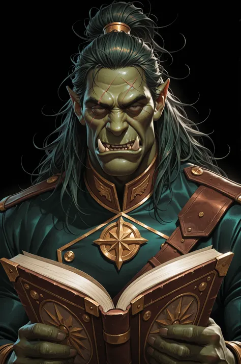1man, solo, hyperrealistic, illustration, orc, librarian, dark green skin, scar across face, noble dress, messy hair, hair tied back, furious,large jaw, bored, upturned eyes, tusks, mouth open,upper body, portrait, holding books, ancient books, proud stanc...