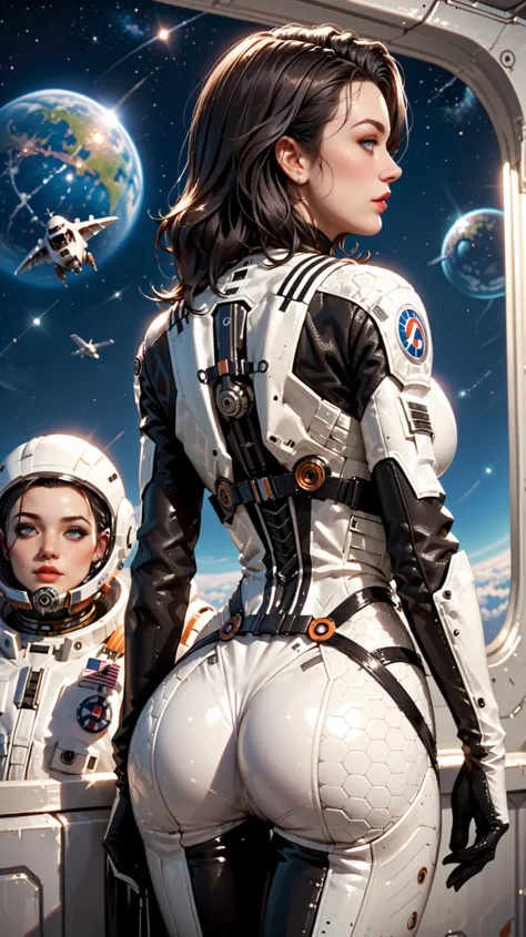 Miranda Lawson de Mass Effect, science fiction scene, White astronaut clothes on a space station,  from behind , grande, pin-up girl, sorriso sedutor, UHD, obra-prima, high-quality original character, 8k