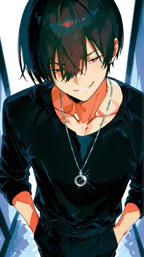 Asian Male. 24. solo.Medium to short hair. with long bangs covering one eye. Smirk,Happy expression,Black three-piece suit . Open Black Shirt . Silver necklace . Handsome. perfect body. Full body portrait. put your hands in your pocket!!. BEST QUALITY、Ma...