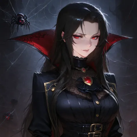 ((anime)), portrait, (masterpiece, ultra-detailed), (intricate details), dark fantasy, high quality lighting, (best illumination), trending on artstation, danbooru, zerochan,({one woman}, long hair, black hair, vampire, mature, messy hair, adult woman, str...
