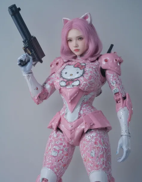 cute girly robot, colorful hello Kitty character print on body, armed with heavy weapons on hand, kawaii mood, Joints and gaps glowing red. Ridding cheetah mecha.hardcore machine. newest anime style,cute pop simple background.vivid color.punk accessories