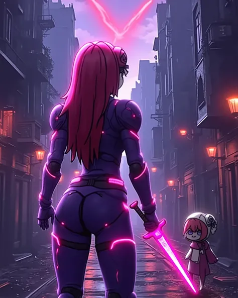 image rich in details, vivid colors, like a nightmare, 4k, realistic photography, dynamic angles, detailed art, masterpiece, back view, a beautiful woman with beautiful curves and long red hair wearing armor that covers almost her entire body, the armor is...