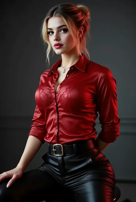 Angellica Good, gorgeous model with a shiny red satin on down shirt with a lace flower bra underneath, low hanging necklace, loose leather cargo pants and a big belt, updo hair, sitting on a stool, power pose, professional photoshoot, dark grey studio back...