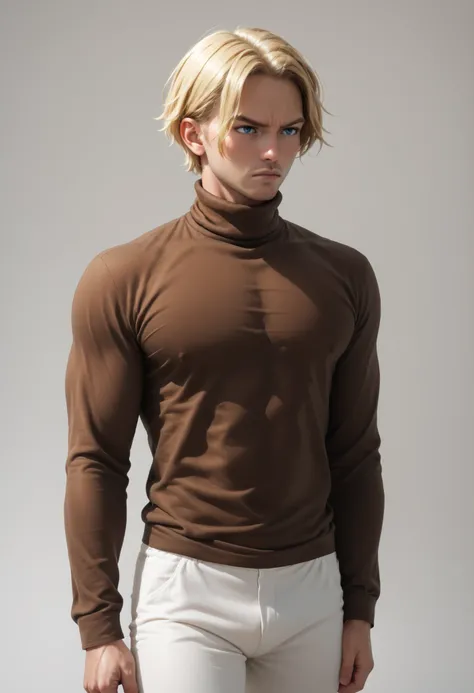 Handsome ((Realistic Male)) ((White background)) White skin ((american man)) ((1 man)) , (solo man) , rathing_questionable , blue eyes , Short hair(blonde hair:1.4)  (Dark brown turtleneck long-sleeved shirt:1.4), (White pants:1.2) 1 girl,  rathing_questio...