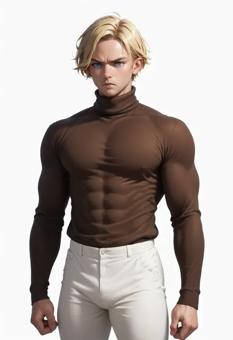 Handsome ((Realistic Male)) ((White background)) White skin ((american man)) ((1 man)) , (solo man) , rathing_questionable , blue eyes , Short hair(blonde hair:1.4)  (Dark brown turtleneck long-sleeved shirt:1.4), (White pants:1.2) 1 girl,  rathing_questio...
