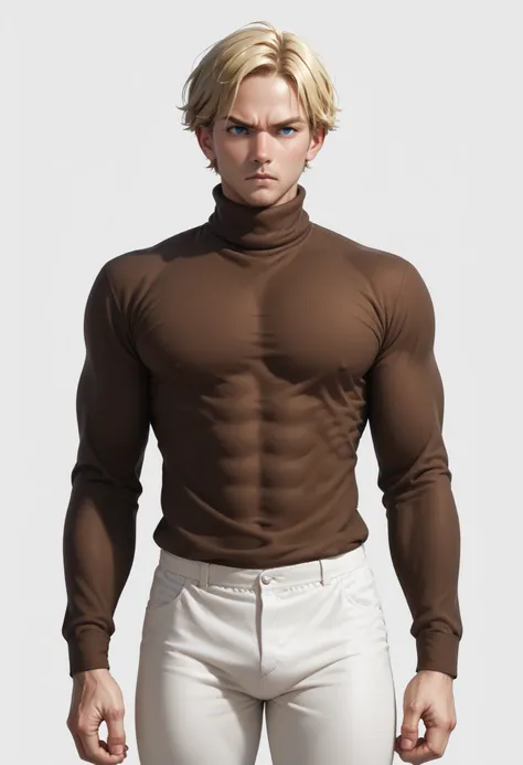 Handsome ((Realistic Male)) ((White background)) White skin ((american man)) ((1 man)) , (solo man) , rathing_questionable , blue eyes , Short hair(blonde hair:1.4)  (Dark brown turtleneck long-sleeved shirt:1.4), (White pants:1.2) 1 girl,  rathing_questio...