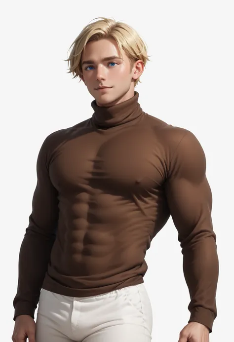 Handsome ((Realistic Male)) ((White background)) White skin ((american man)) ((1 man)) , (solo man) , rathing_questionable , blue eyes , Short hair(blonde hair:1.4)  (Dark brown turtleneck long-sleeved shirt:1.4), (White pants:1.2) 1 girl,  rathing_questio...