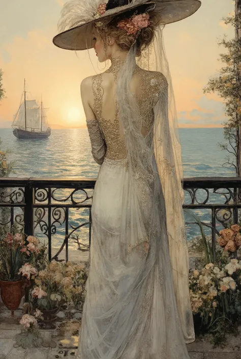 An incredibly beautiful, graceful Art Nouveau woman stands from the back on an outdoor terrace with wrought-iron railings. She is wearing a luxurious dress with an open back, a skirt with a tourniquet and a long train decorated with floral embroidery and t...